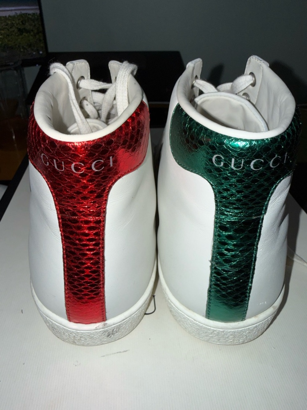 Gucci White High-Top Sneakers with Red & Green Web and Crystal Buckle - Picture 4 of 12